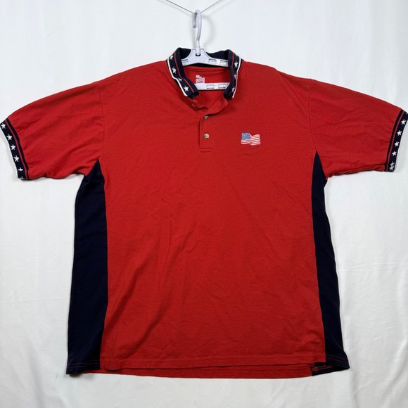 Vintage Soffe Polo Shirt Mens XL Red Blue Stars Stripes Patriotic Made in USA - Picture 1 of 9